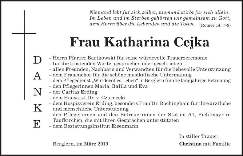 Traueranzeige Katharina Cejka