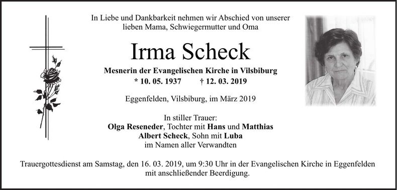 Traueranzeige Irma Scheck