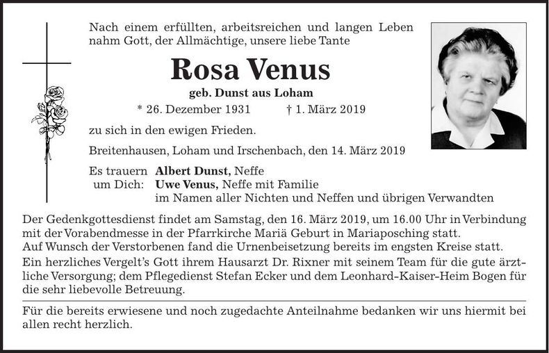 Traueranzeige Rosa Venus