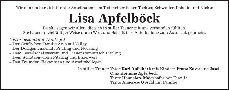 Traueranzeige Lisa Apfelböck