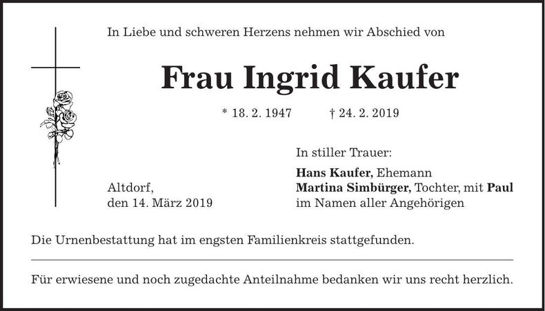 Traueranzeige Ingrid Kaufer