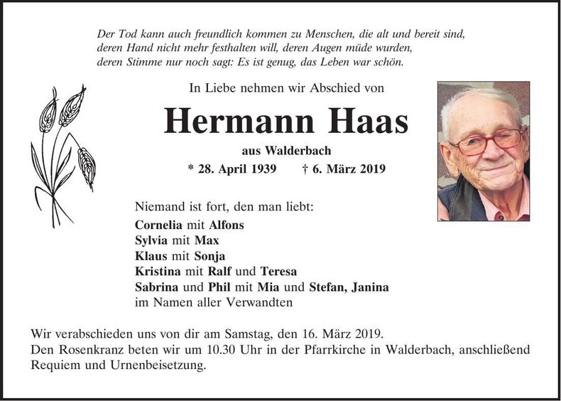 Traueranzeige Hermann Haas