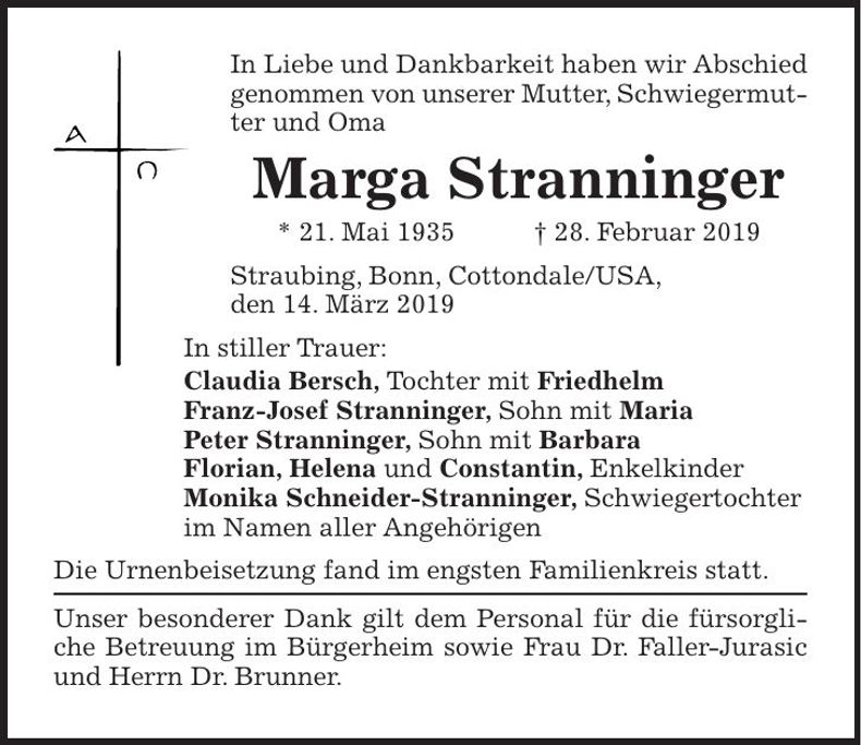 Traueranzeige Marga Stranninger