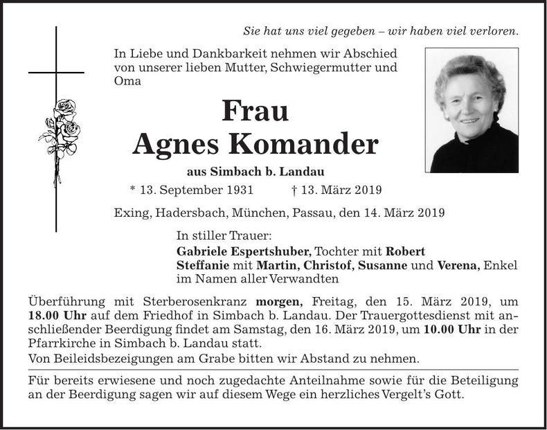 Traueranzeige Agnes Komander
