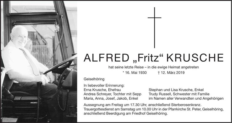 Traueranzeige Alfred Krusche