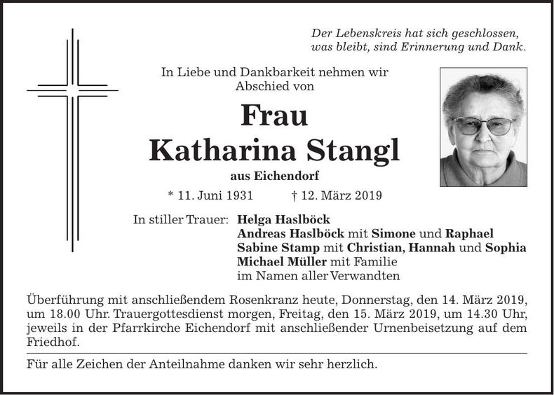 Traueranzeige Katharina Stangl