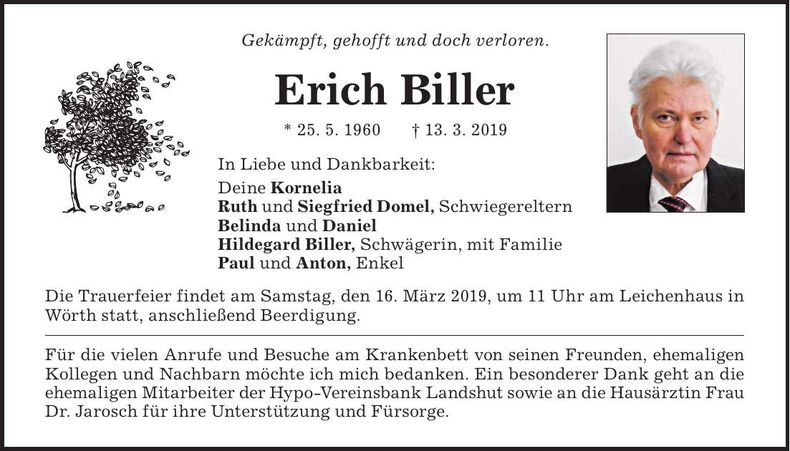 Traueranzeige Erich Biller