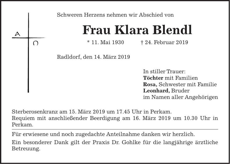 Traueranzeige Klara Blendl