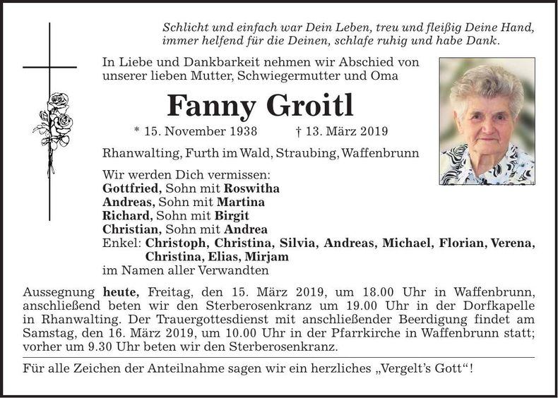 Traueranzeige Fanny Groitl
