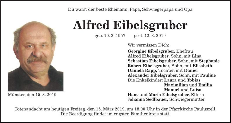 Traueranzeige Alfred Eibelsgruber