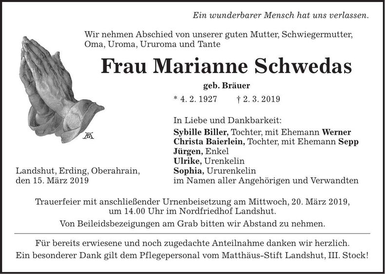 Traueranzeige Marianne Schwedas