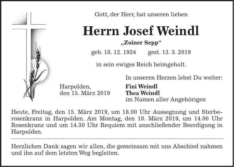 Traueranzeige Josef Weindl