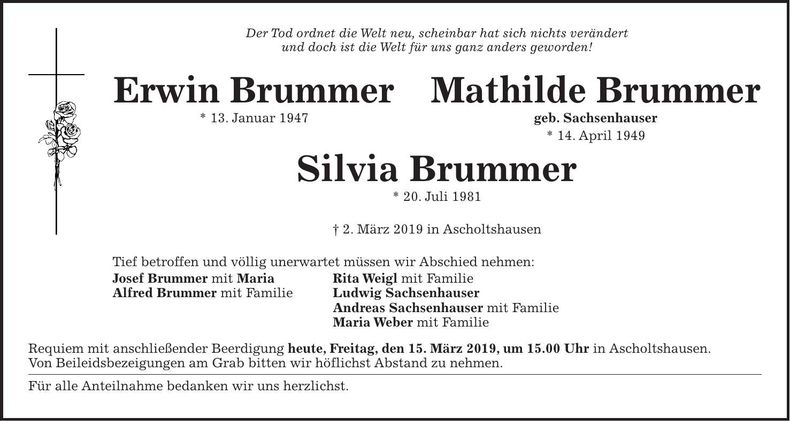 Traueranzeige Erwin, Mathilde, Silvia Brummer