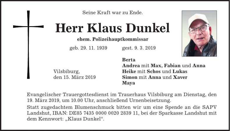 Traueranzeige Klaus Dunkel