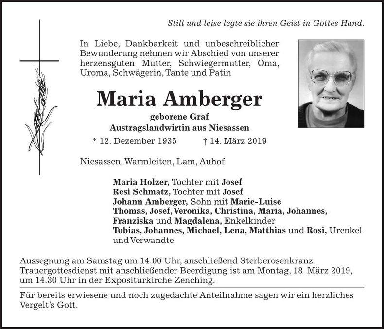 Traueranzeige Maria Amberger
