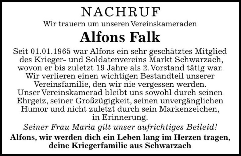 Traueranzeige Alfons Falk