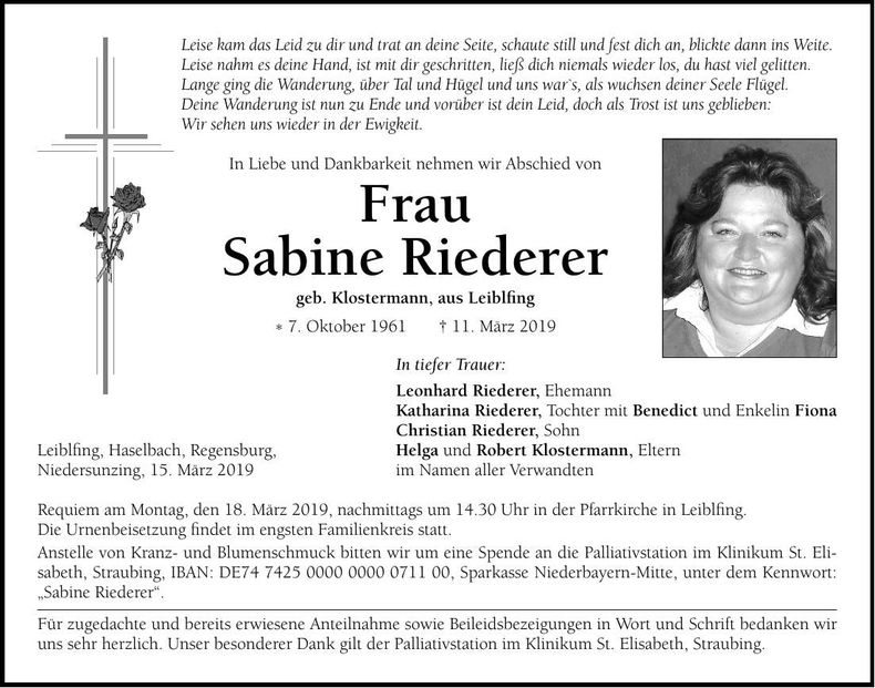 Traueranzeige Sabine Riederer