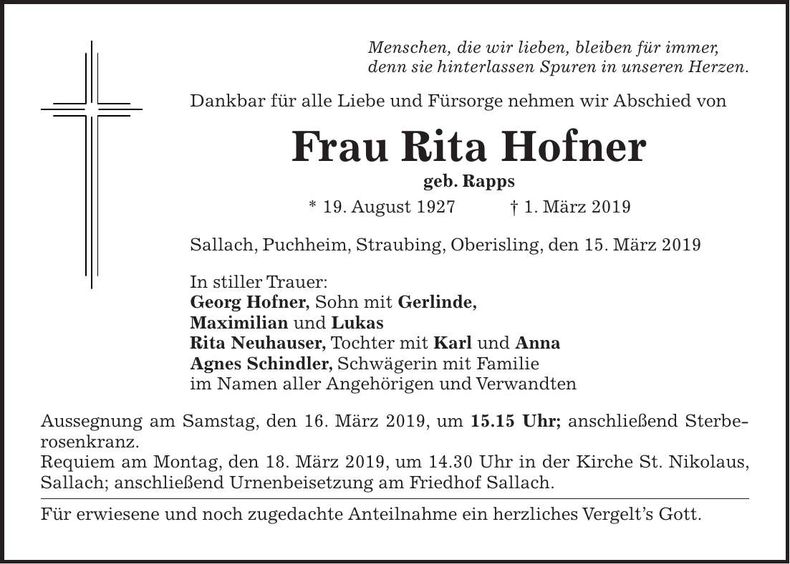 Traueranzeige Rita Hofner