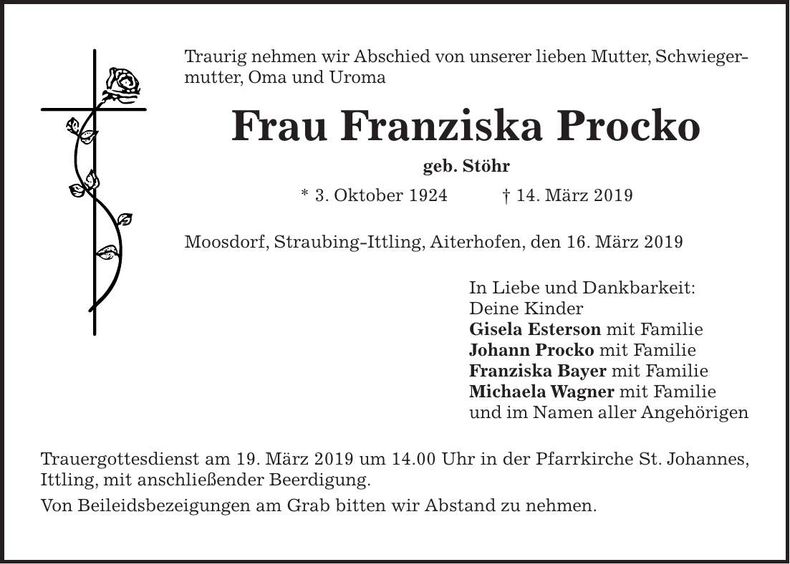 Traueranzeige Franziska Procko
