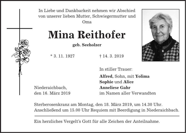 Traueranzeige Mina Reithofer