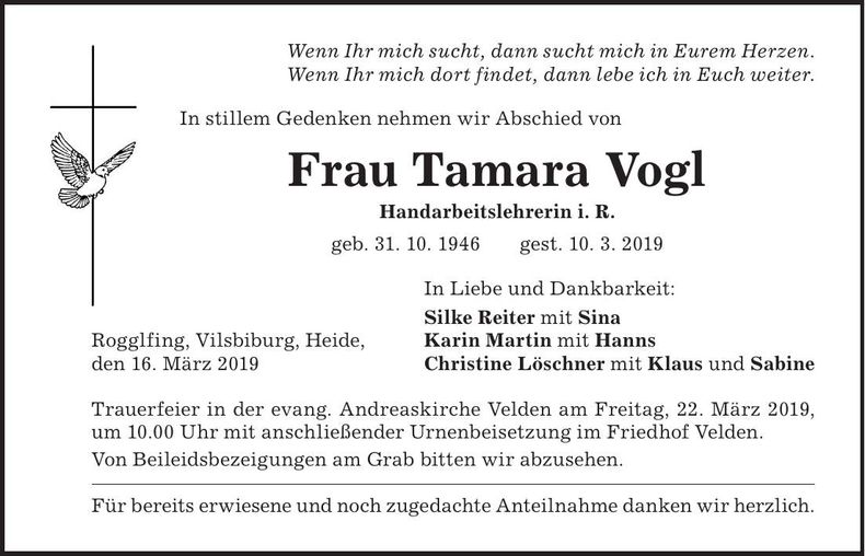Traueranzeige Tamara Vogl