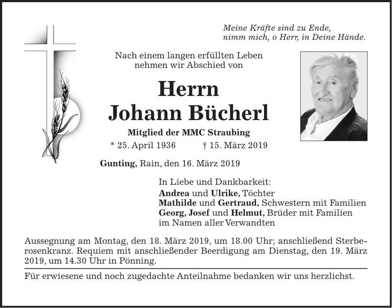 Traueranzeige Johann Bücherl