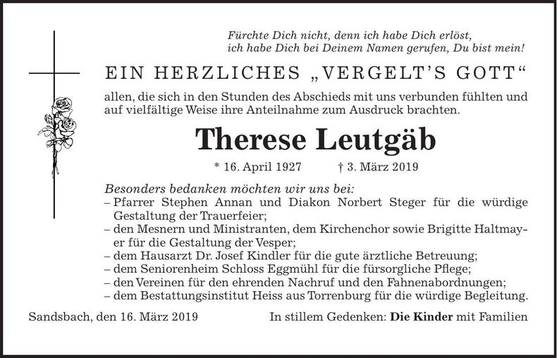 Traueranzeige Therese Leutgäb