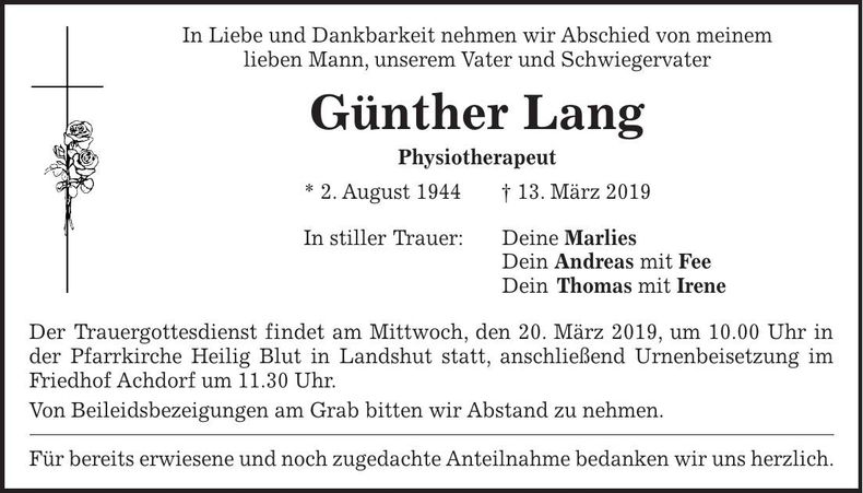 Traueranzeige Günter Lang