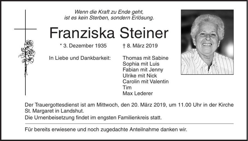 Traueranzeige Franziska Steiner