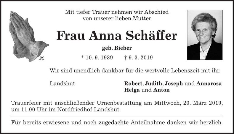 Traueranzeige Anna Schäffer