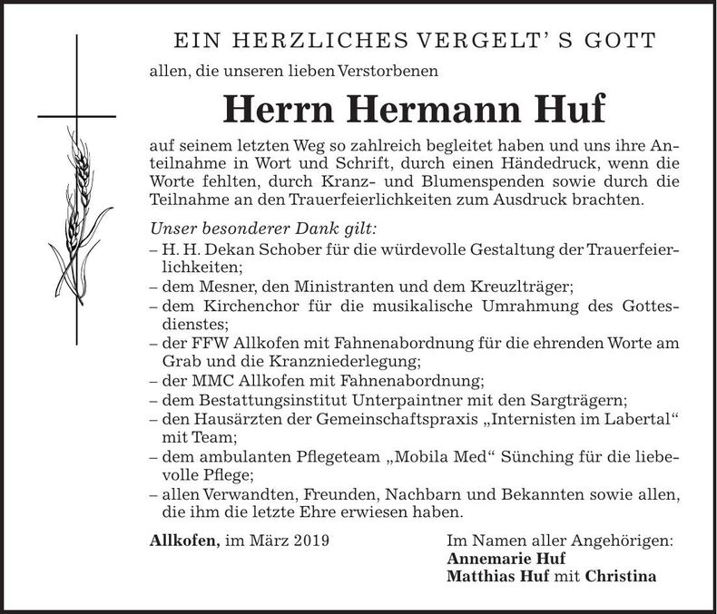 Traueranzeige Hermann Huf