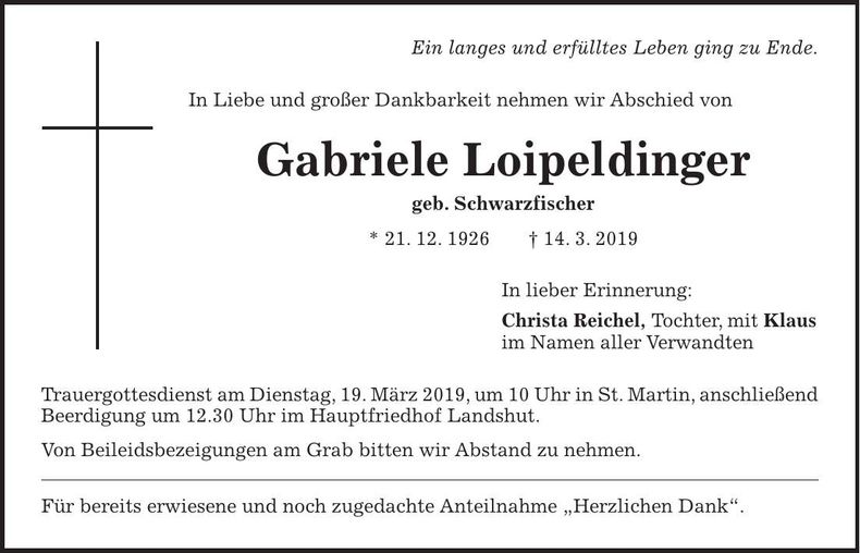 Traueranzeige Gabriele Loipeldinger