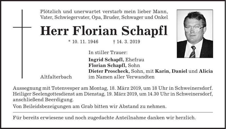 Traueranzeige Florian Schapfl
