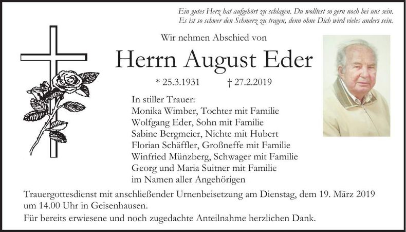 Traueranzeige August Eder