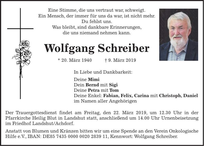 Traueranzeige Wolfgang Schreiber