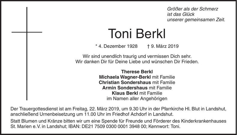 Traueranzeige Toni Berkl