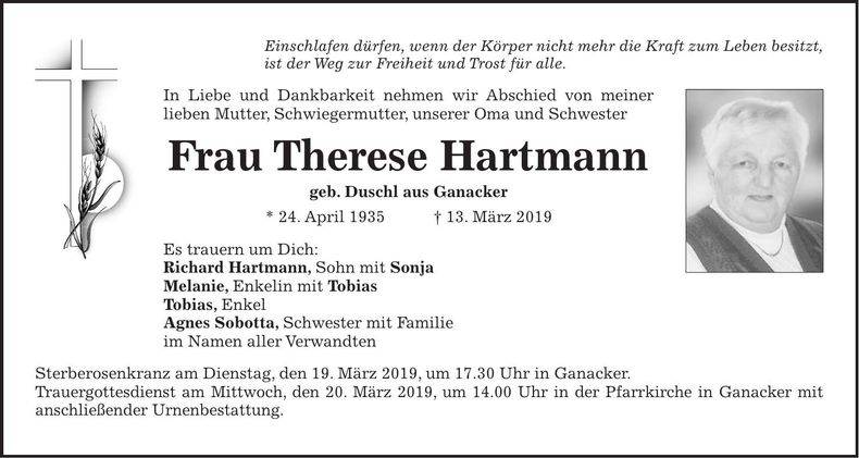 Traueranzeige Therese Hartmann