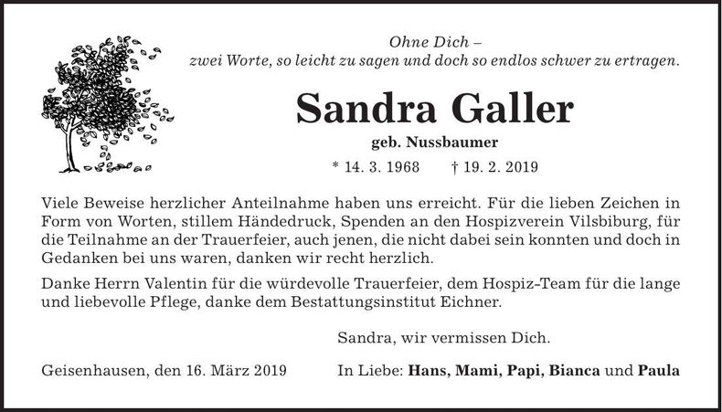 Traueranzeige Sandra Galler