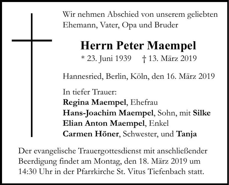Traueranzeige Peter Maempel