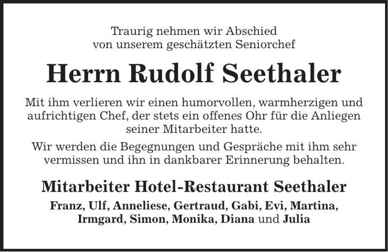 Traueranzeige Rudolf Seethaler