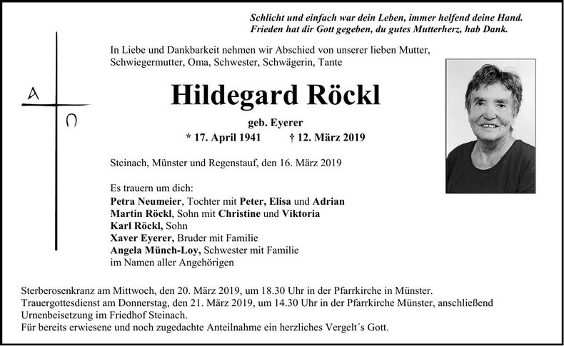 Traueranzeige Hildegard Röckl