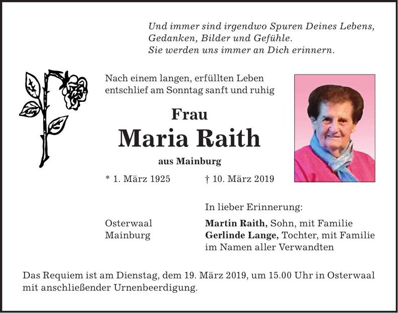 Traueranzeige Maria Raith