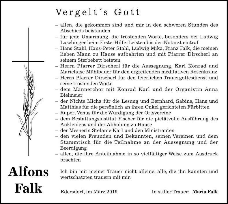 Traueranzeige Alfons Falk