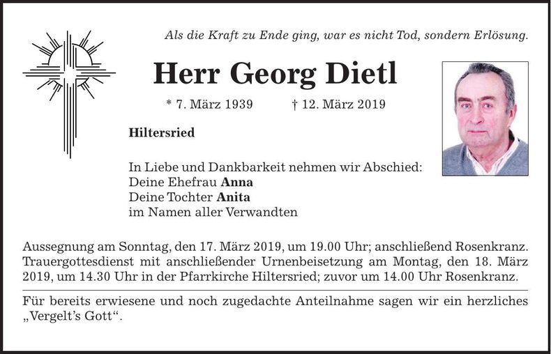 Traueranzeige Georg Dietl