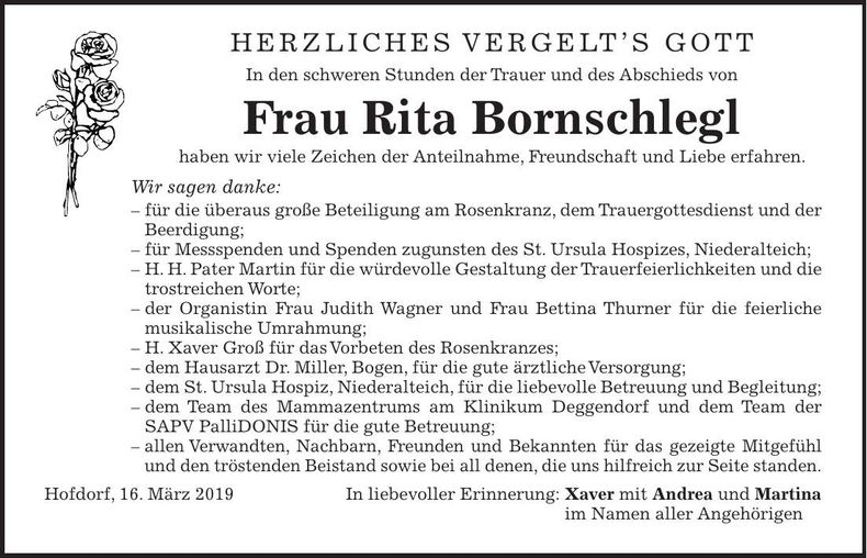 Traueranzeige Rita Bornschlegl