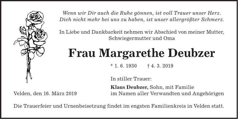 Traueranzeige Margarethe Deubzer