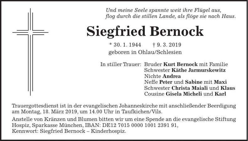 Traueranzeige Siegfried Bernock