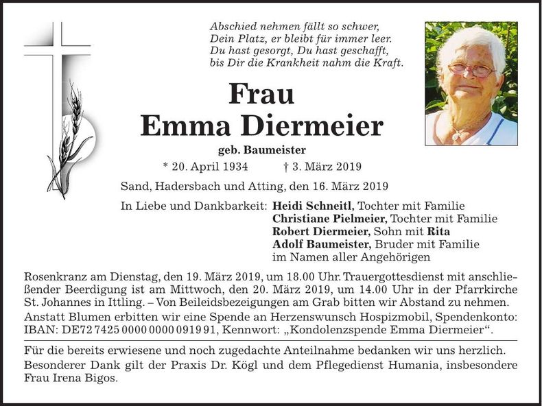Traueranzeige Emma Diermeier