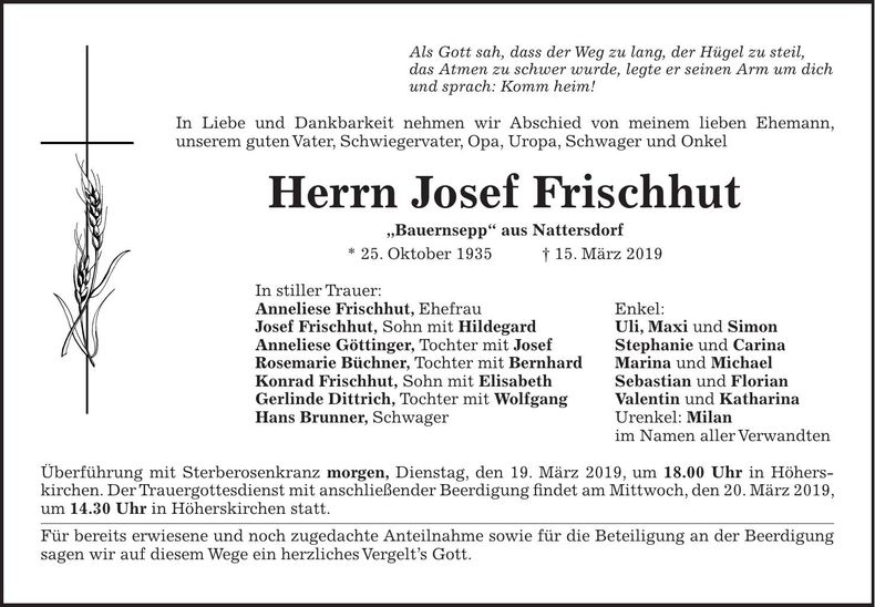 Traueranzeige Josef Frischhut