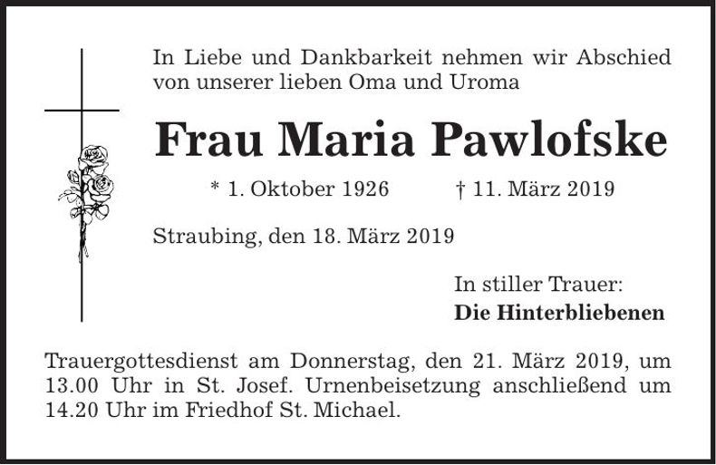 Traueranzeige Maria Pawlofske